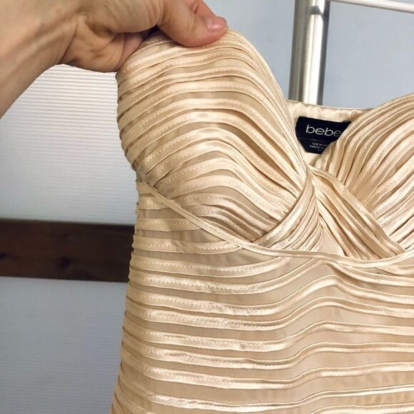 BEBE Cream Strapless BodyCon Mermaid Ruffle Tulle Satin Ribbon Mini Gown Sz S - Picture 3 of 8
